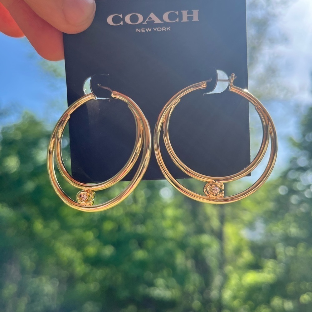 Coach Gold Triple Hoop Earrings NWT • Classic Logo Detail Stud Hoops - Picture 4 of 4